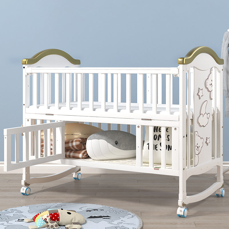 Scandinavian Convertible Crib in White 4-in-1 Nursery Crib with 2 Casters and Storage