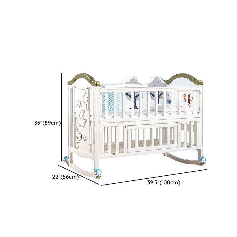 Scandinavian Convertible Crib in White 4-in-1 Nursery Crib with 2 Casters and Storage