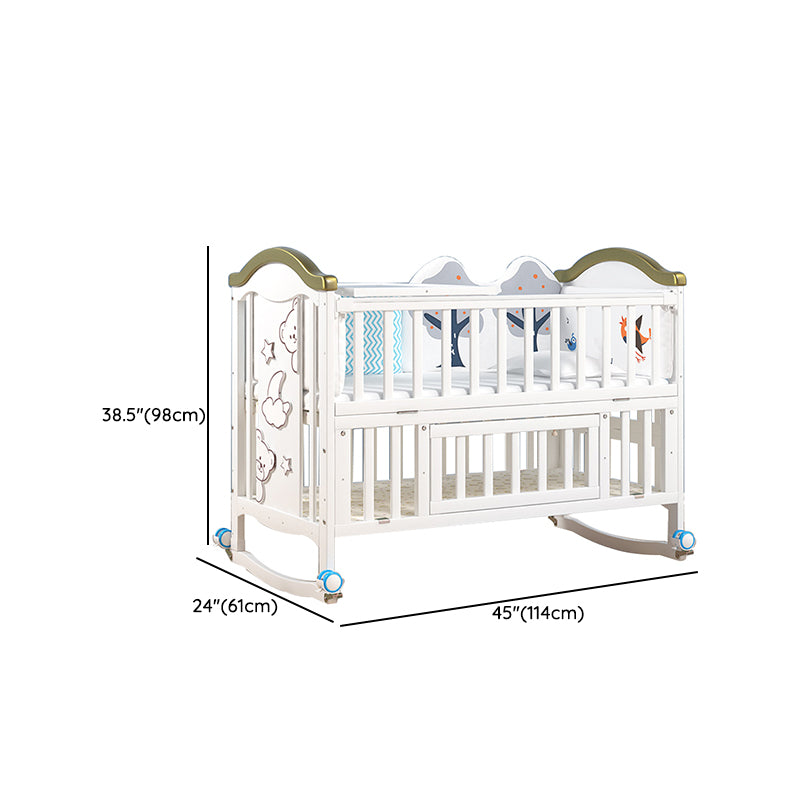 Scandinavian Convertible Crib in White 4-in-1 Nursery Crib with 2 Casters and Storage