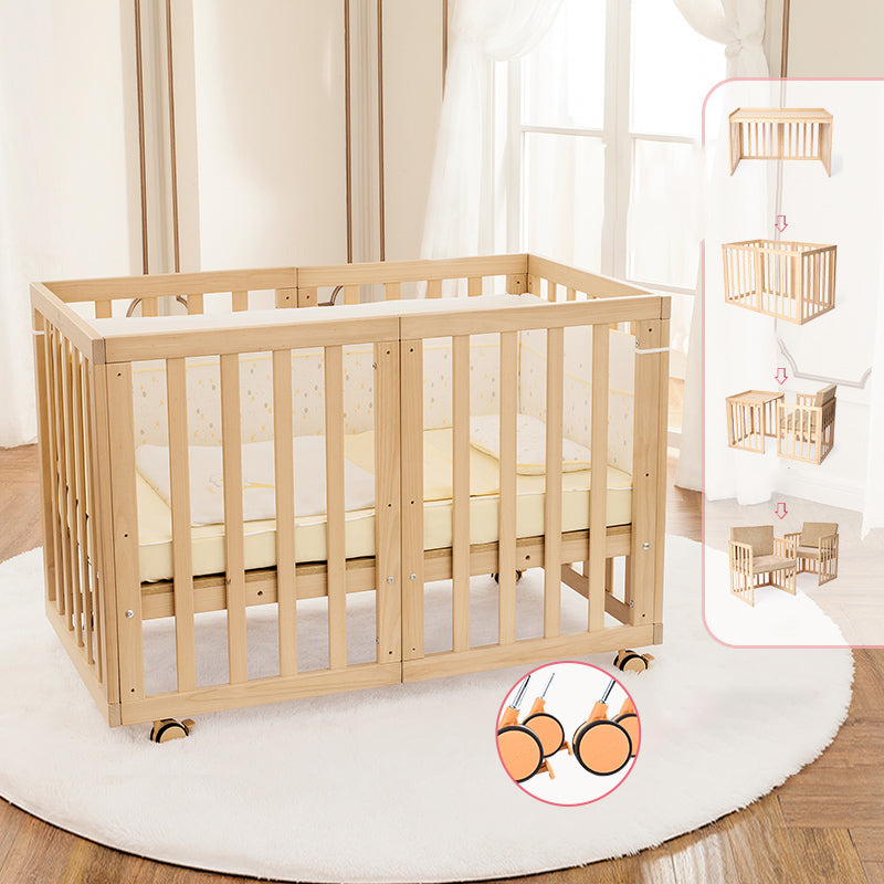 5-in-1 Natural Convertible Crib with Casters 24.4" H Baby Crib with Mattress