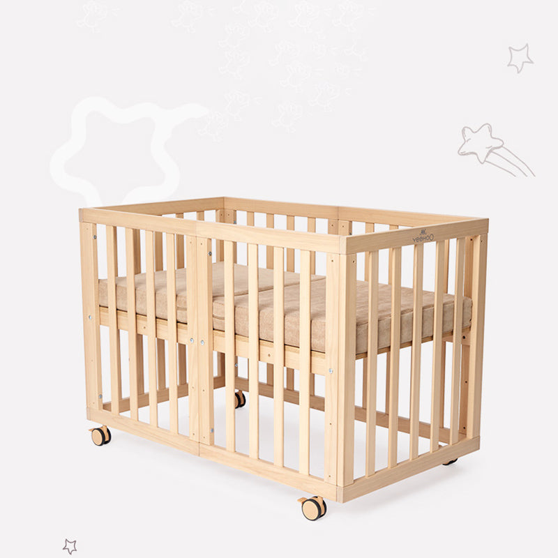 5-in-1 Natural Convertible Crib with Casters 24.4" H Baby Crib with Mattress