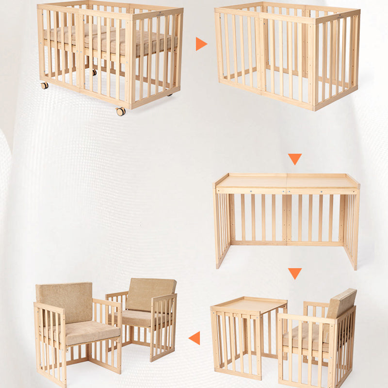 5-in-1 Natural Convertible Crib with Casters 24.4" H Baby Crib with Mattress