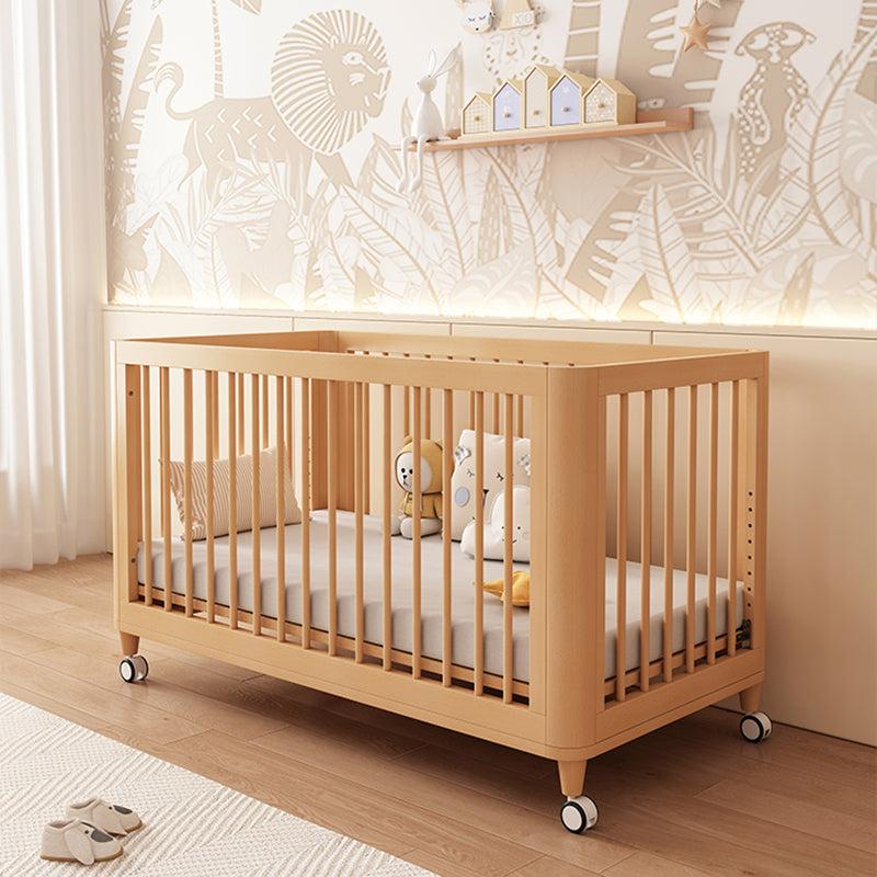 3-in-1 Natural Convertible Crib Modern Solid Wood Baby Crib with Casters