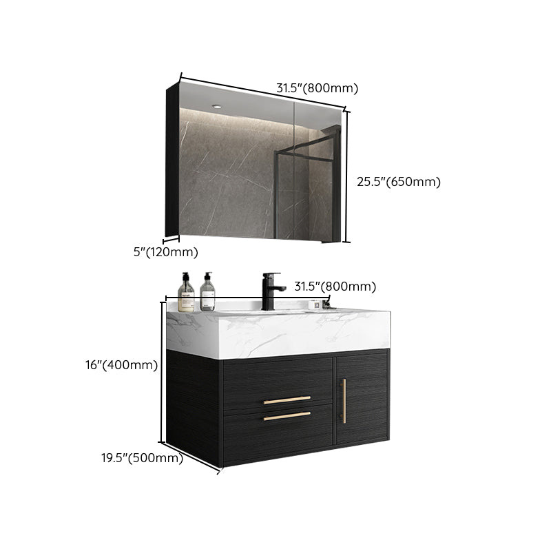 Rectangular Glam Black Bathroom Vanity Stone Single Sink Wall Mount Vanity Set