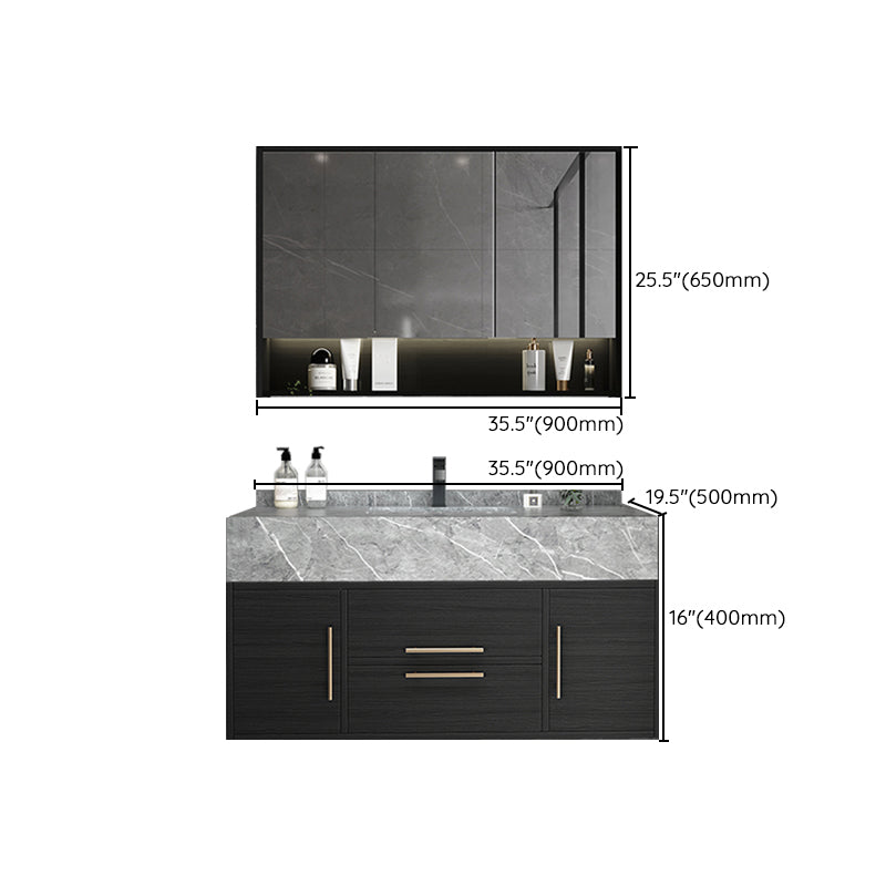 Rectangular Glam Black Bathroom Vanity Stone Single Sink Wall Mount Vanity Set