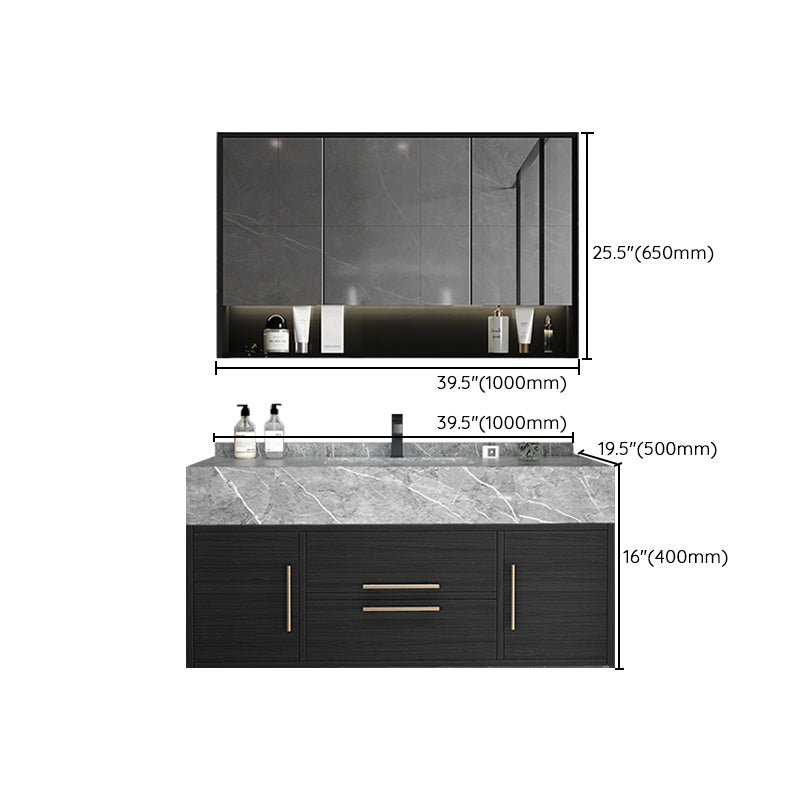 Rectangular Glam Black Bathroom Vanity Stone Single Sink Wall Mount Vanity Set