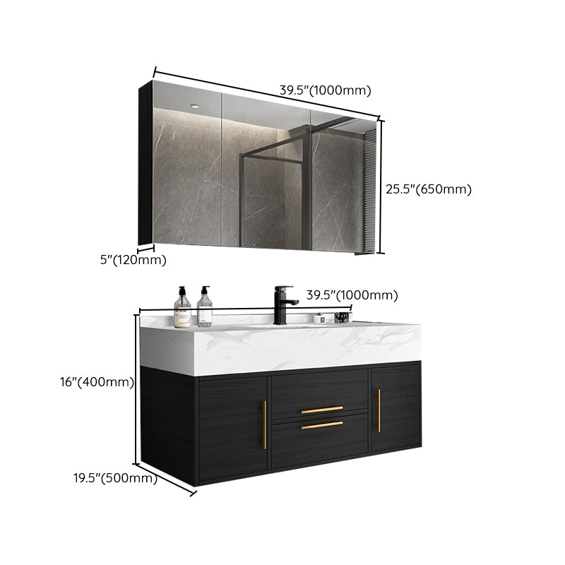 Rectangular Glam Black Bathroom Vanity Stone Single Sink Wall Mount Vanity Set