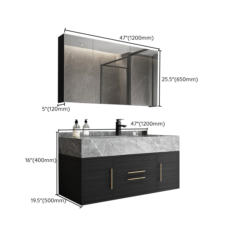 Rectangular Glam Black Bathroom Vanity Stone Single Sink Wall Mount Vanity Set