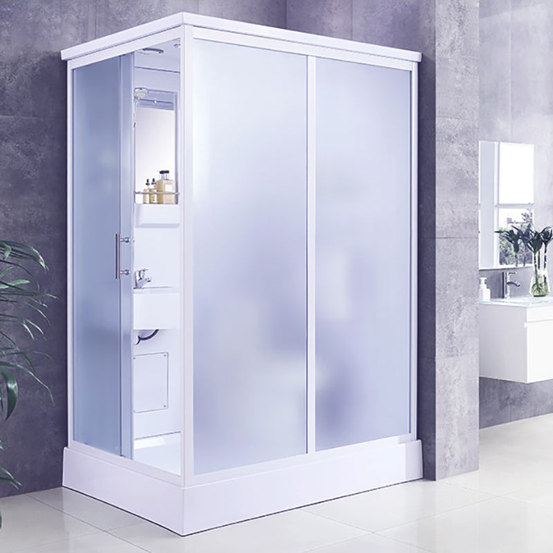 White Framed Frosted Rectangle Shower Stall with Base and Fixed Panel