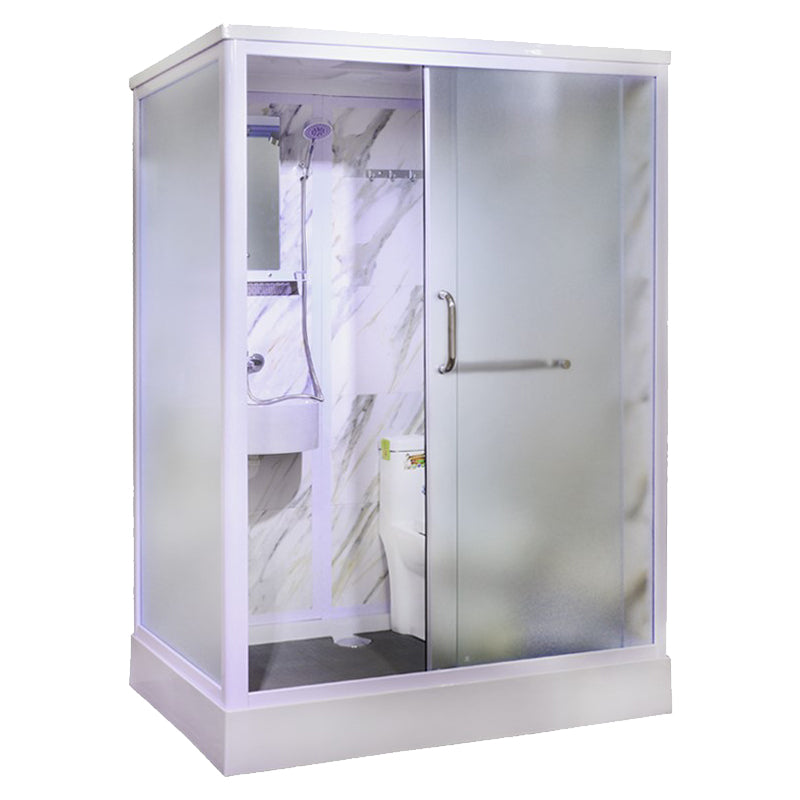 White Framed Frosted Rectangle Shower Stall with Base and Fixed Panel