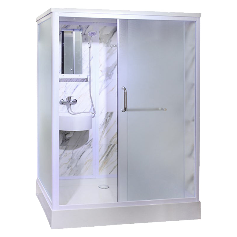 White Framed Frosted Rectangle Shower Stall with Base and Fixed Panel