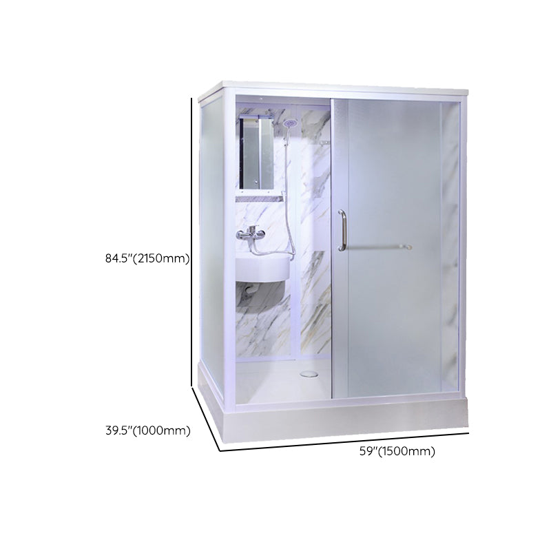 White Framed Frosted Rectangle Shower Stall with Base and Fixed Panel