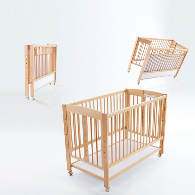 5-in-1 Folding Crib Solid Wood Baby Crib with Mattress and Casters