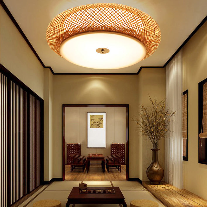 Modern Ceiling Light Weave Ceiling Mount Light with Bamboo Shade for Bedroom