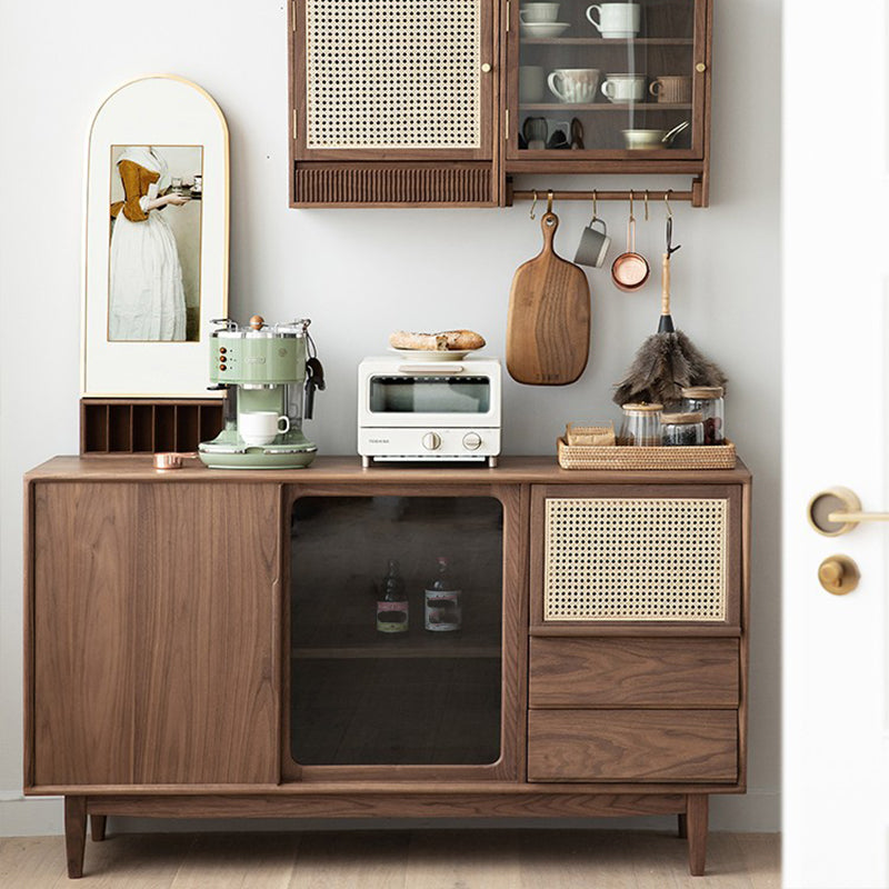 Contemporary Solid Wood Buffet Table Brown Sideboard with 2 Drawers