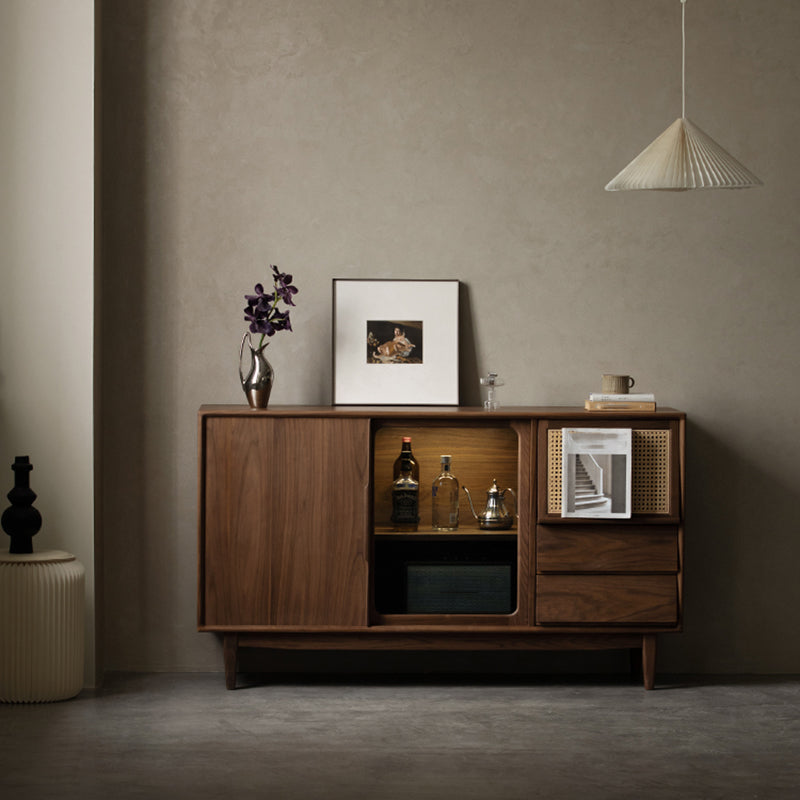 Contemporary Solid Wood Buffet Table Brown Sideboard with 2 Drawers