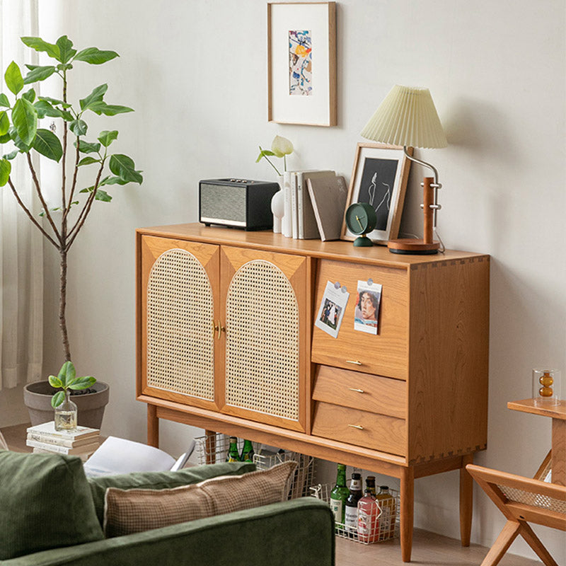 Contemporary Brown Sideboard Pine Solid Wood Buffet Table with 2 Drawers