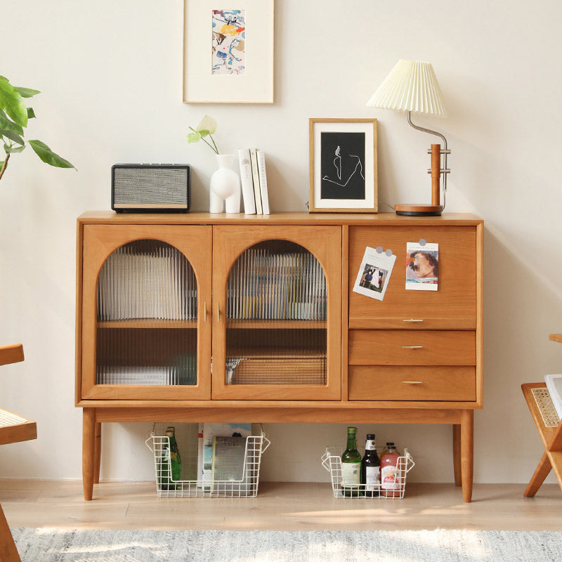 Contemporary Brown Sideboard Pine Solid Wood Buffet Table with 2 Drawers