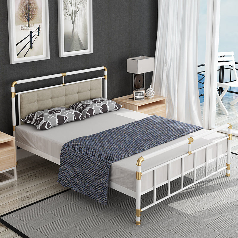 Contemporary Iron Base Standard Bed with Upholstered Headboard