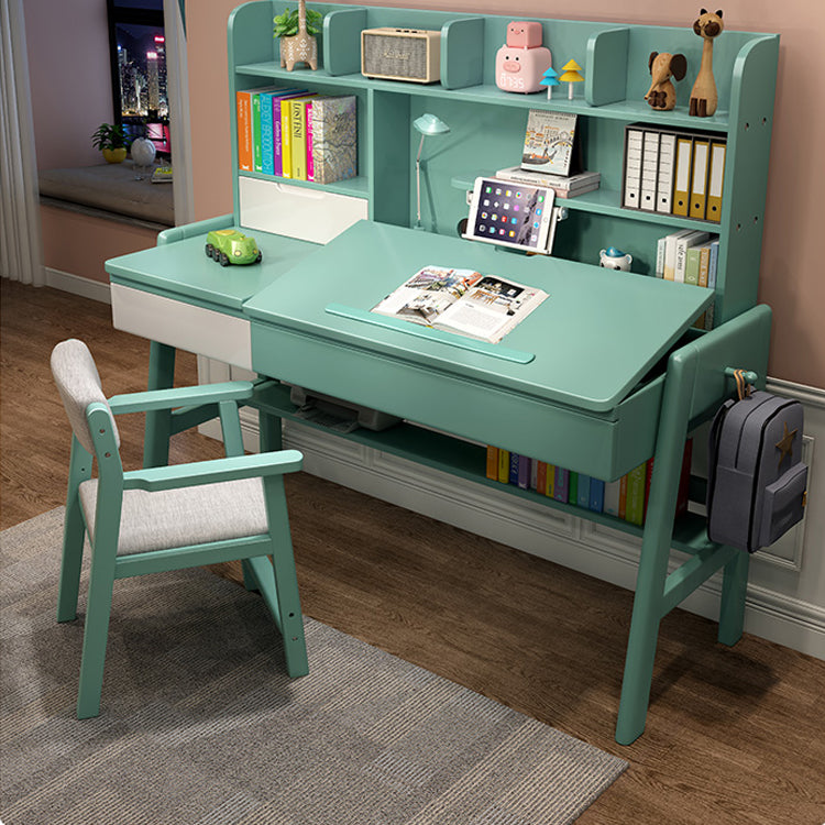 Wood Adjustable Desk and Chair 2 Drawers Kids Writing Desk with Bookshelf