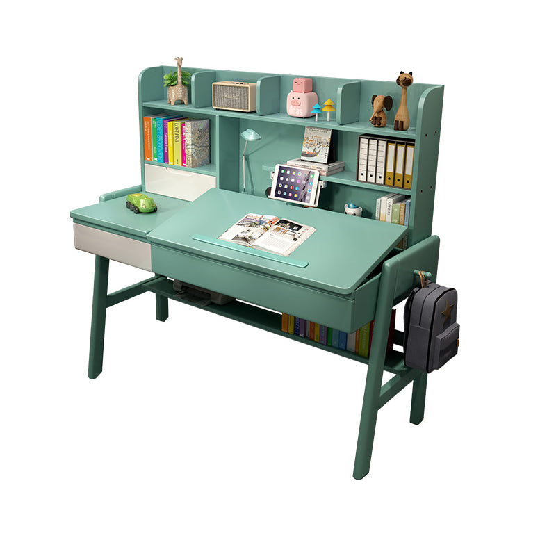 Wood Adjustable Desk and Chair 2 Drawers Kids Writing Desk with Bookshelf