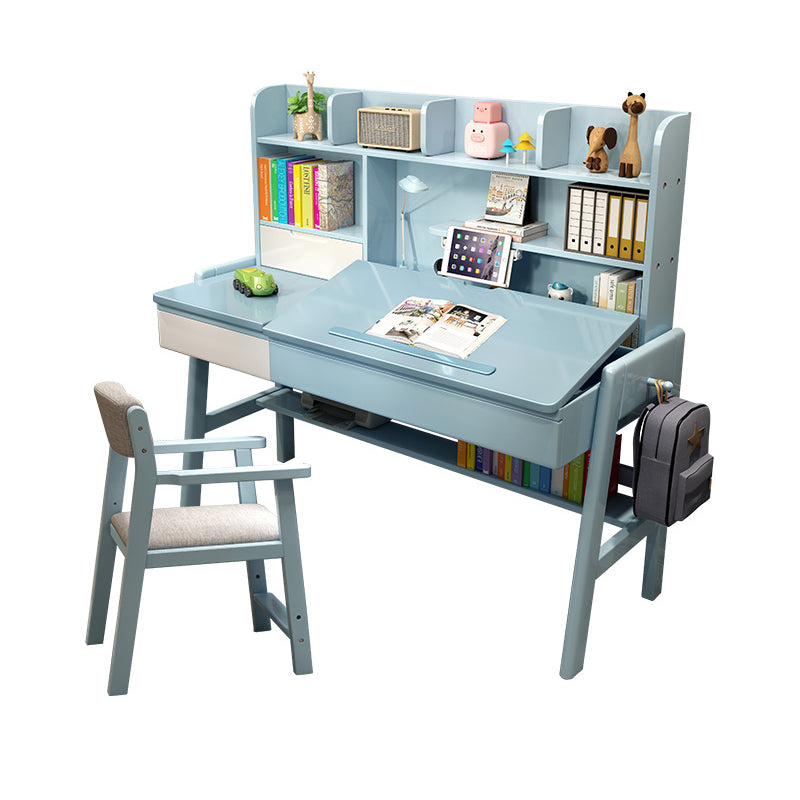 Wood Adjustable Desk and Chair 2 Drawers Kids Writing Desk with Bookshelf