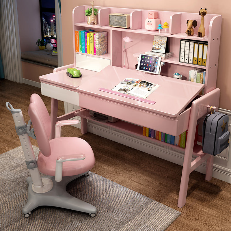 Wood Adjustable Desk and Chair 2 Drawers Kids Writing Desk with Bookshelf