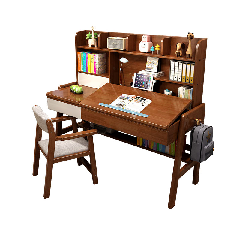 Wood Adjustable Desk and Chair 2 Drawers Kids Writing Desk with Bookshelf