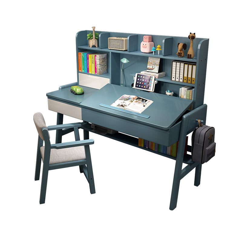 Wood Adjustable Desk and Chair 2 Drawers Kids Writing Desk with Bookshelf