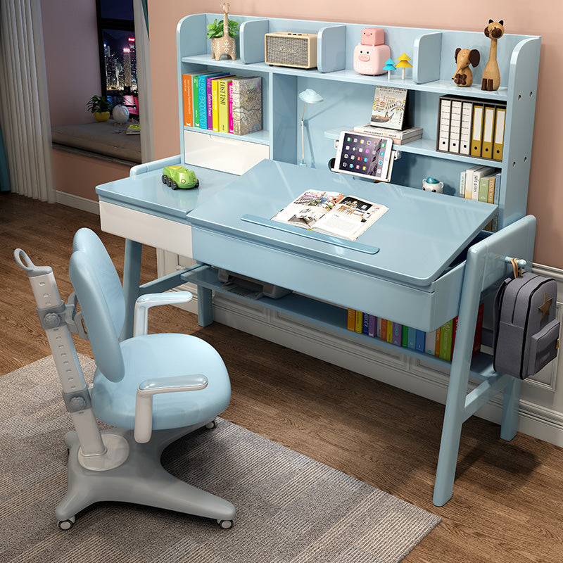 Wood Adjustable Desk and Chair 2 Drawers Kids Writing Desk with Bookshelf