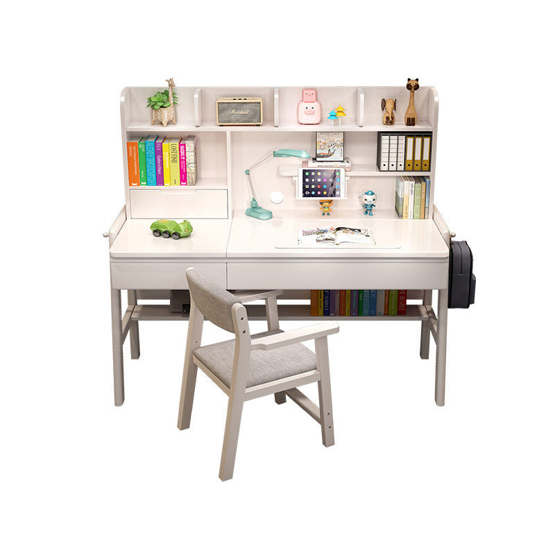 Wood Adjustable Desk and Chair 2 Drawers Kids Writing Desk with Bookshelf