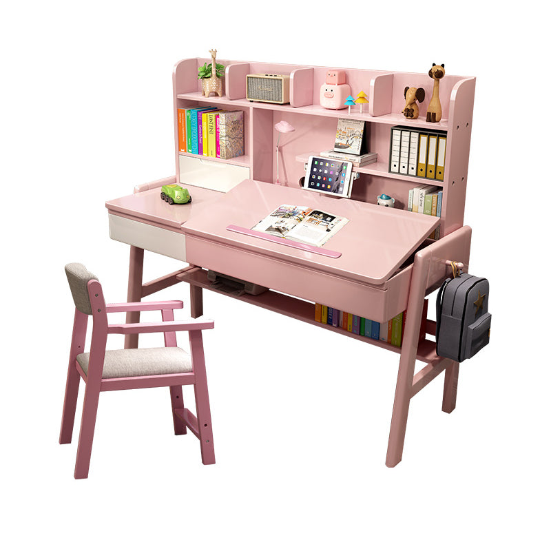 Wood Adjustable Desk and Chair 2 Drawers Kids Writing Desk with Bookshelf