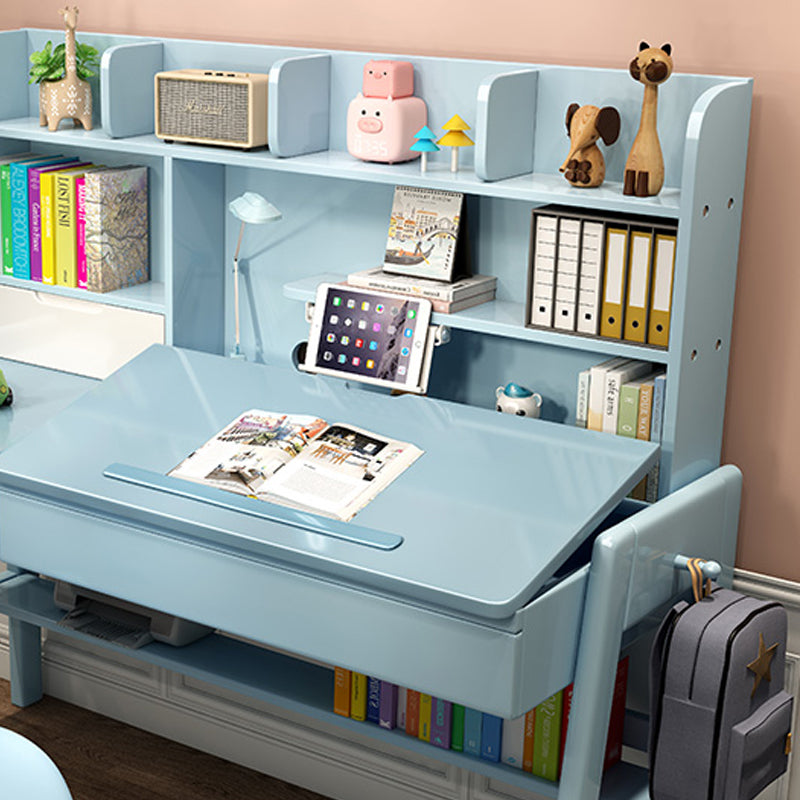 Wood Adjustable Desk and Chair 2 Drawers Kids Writing Desk with Bookshelf