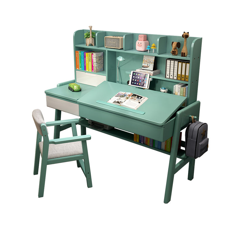 Wood Adjustable Desk and Chair 2 Drawers Kids Writing Desk with Bookshelf