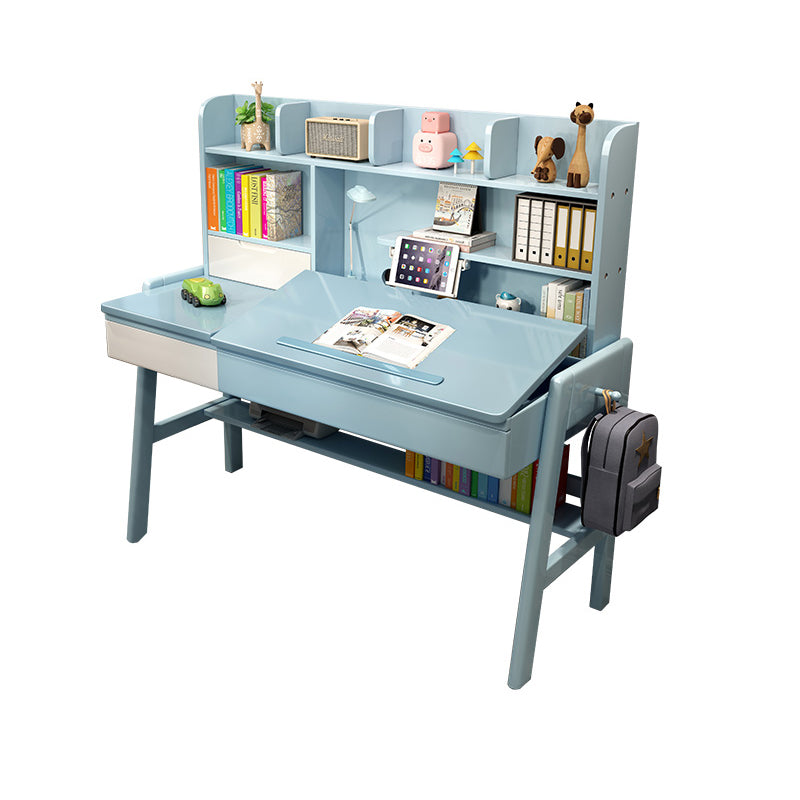 Wood Adjustable Desk and Chair 2 Drawers Kids Writing Desk with Bookshelf