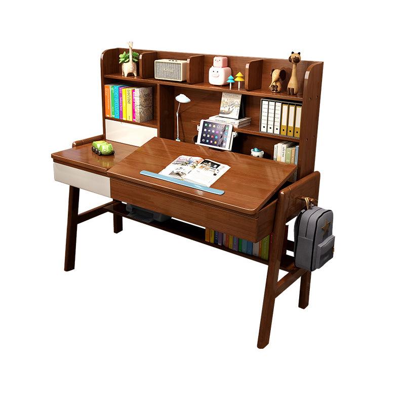 Wood Adjustable Desk and Chair 2 Drawers Kids Writing Desk with Bookshelf