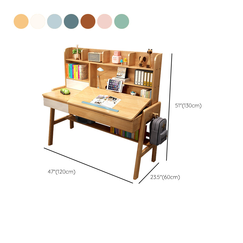 Wood Adjustable Desk and Chair 2 Drawers Kids Writing Desk with Bookshelf