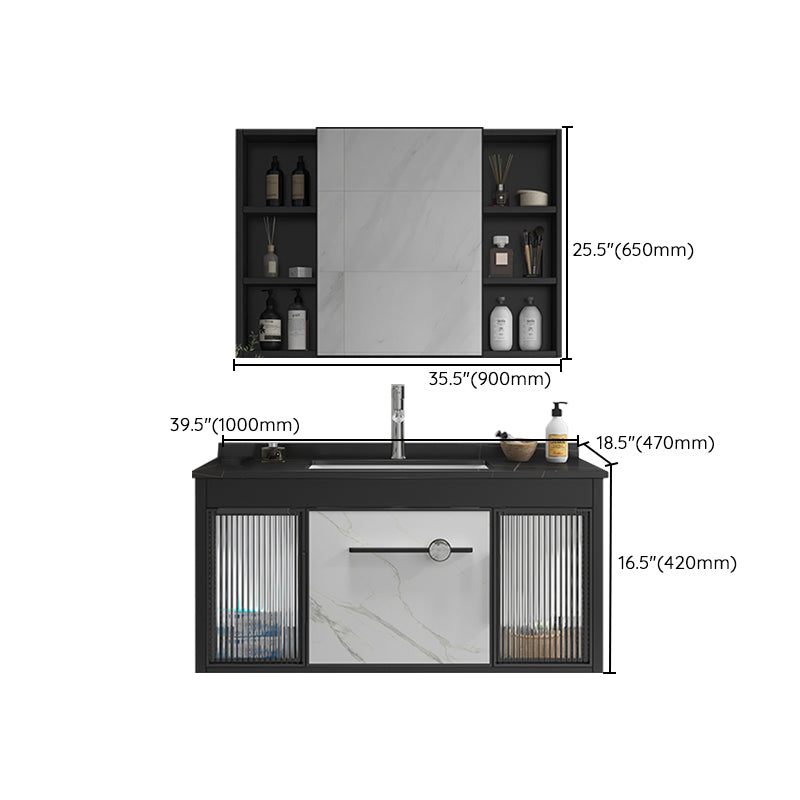 Single Sink Metal Frame Vanity Modern Black Wall Mount Rectangular Vanity Set