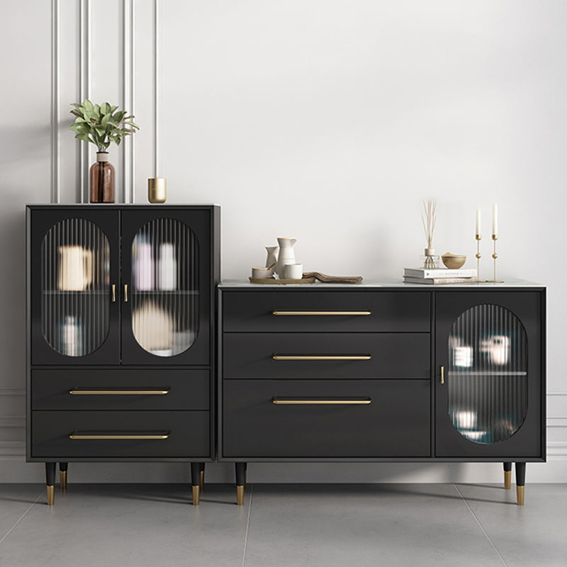 Contemporary Black Dining Server Glass Doors Sideboard Cabinet with Drawers