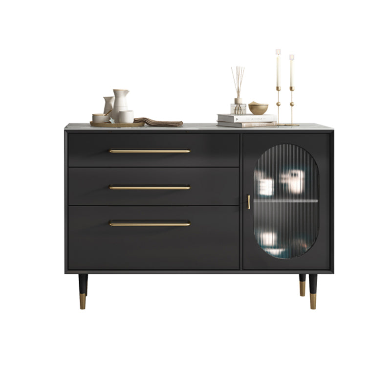 Contemporary Black Dining Server Glass Doors Sideboard Cabinet with Drawers