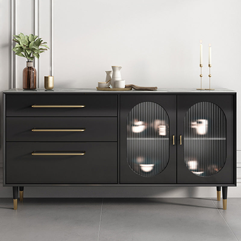 Contemporary Black Dining Server Glass Doors Sideboard Cabinet with Drawers