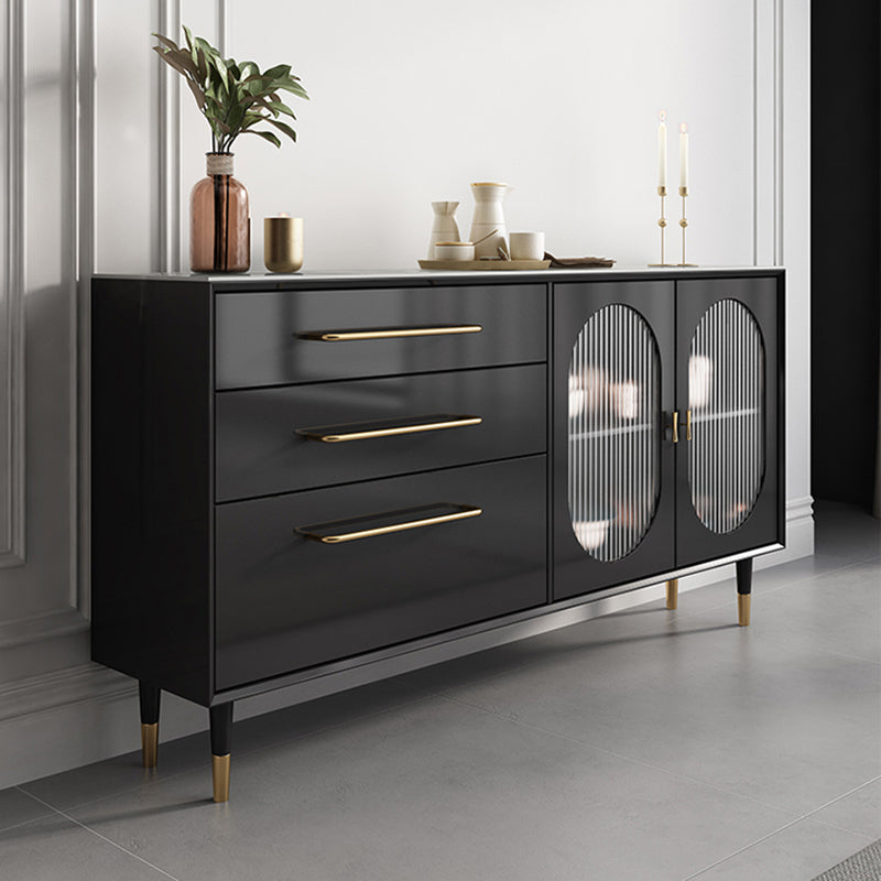 Contemporary Black Dining Server Glass Doors Sideboard Cabinet with Drawers