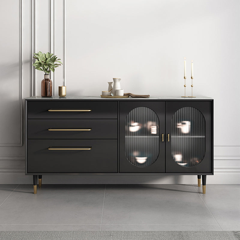 Contemporary Black Dining Server Glass Doors Sideboard Cabinet with Drawers