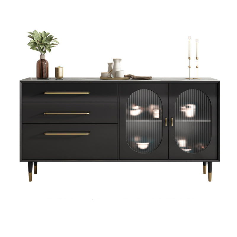 Contemporary Black Dining Server Glass Doors Sideboard Cabinet with Drawers