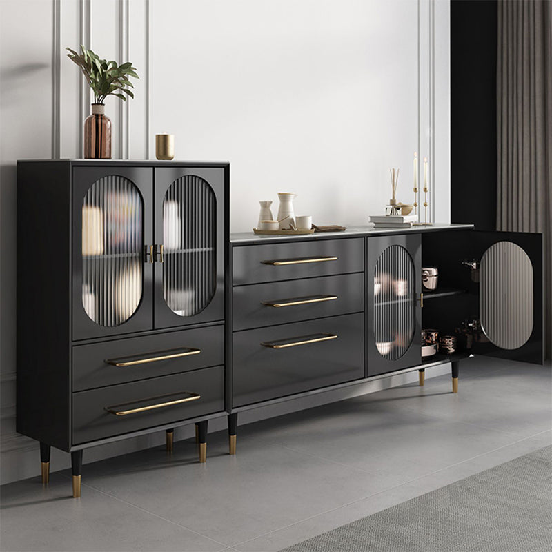 Contemporary Black Dining Server Glass Doors Sideboard Cabinet with Drawers