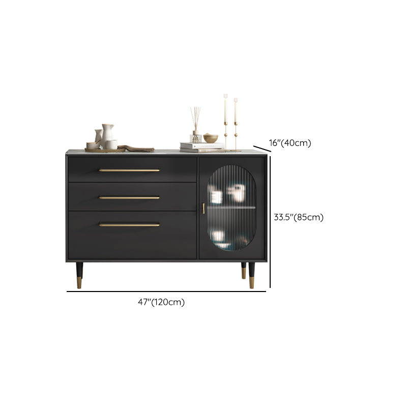 Contemporary Black Dining Server Glass Doors Sideboard Cabinet with Drawers