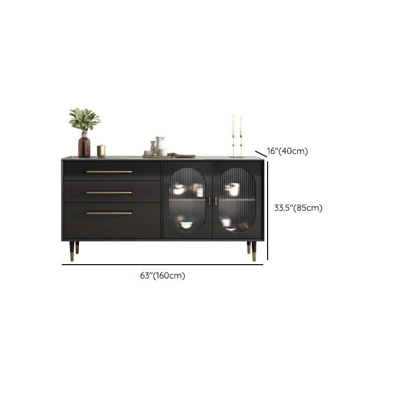 Contemporary Black Dining Server Glass Doors Sideboard Cabinet with Drawers