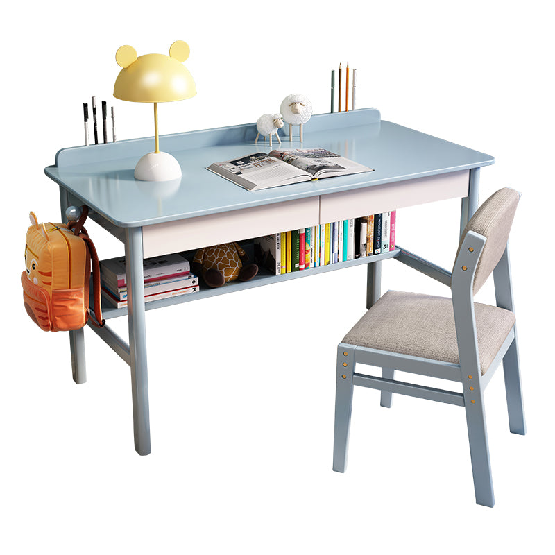 Solid Wood Desk and Chair 2 Drawers Kids Writing Desk with shelf