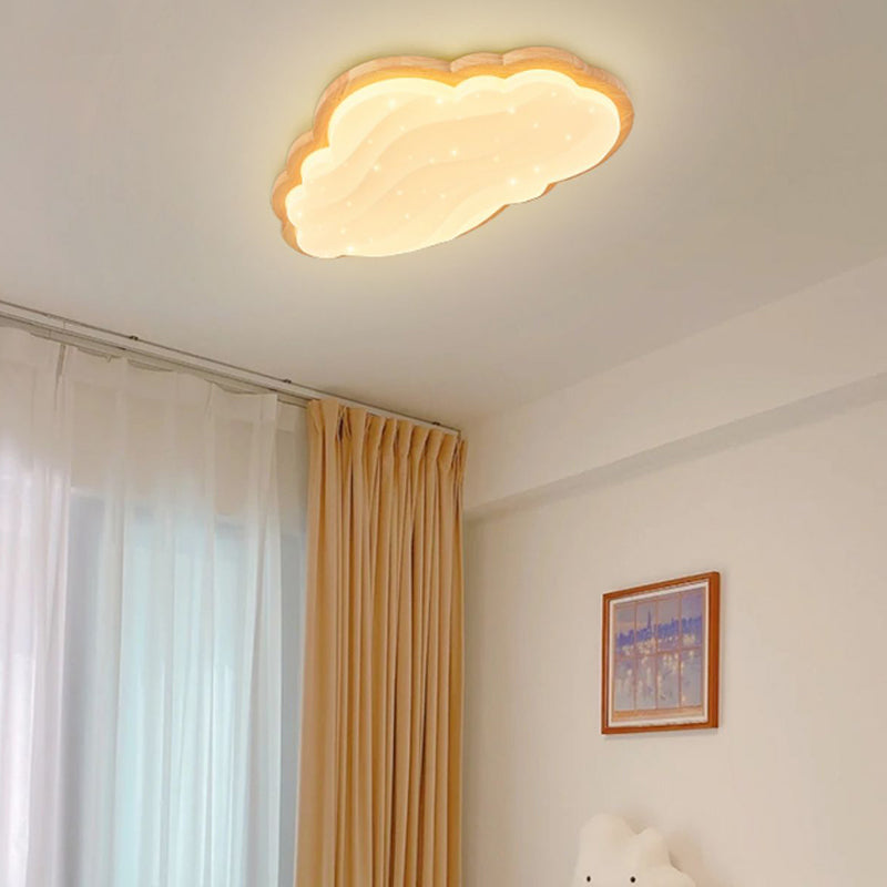 LED Modern Wood Flush Mount Cloud Shape Ceiling Light with Plastic Shade for Living Room