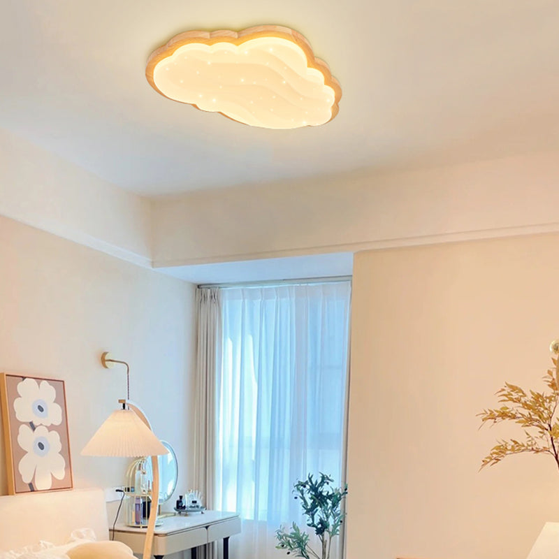 LED Modern Wood Flush Mount Cloud Shape Ceiling Light with Plastic Shade for Living Room